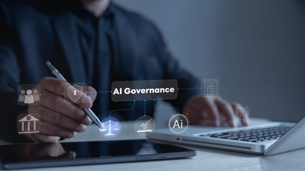 From Currency to Compounding: The Enterprise AI & IP Governance Series business professional managing ai governance through a digital interface, highlighting compliance, privacy, security, ethical ai, legal oversight, and risk management for responsible innovation.
