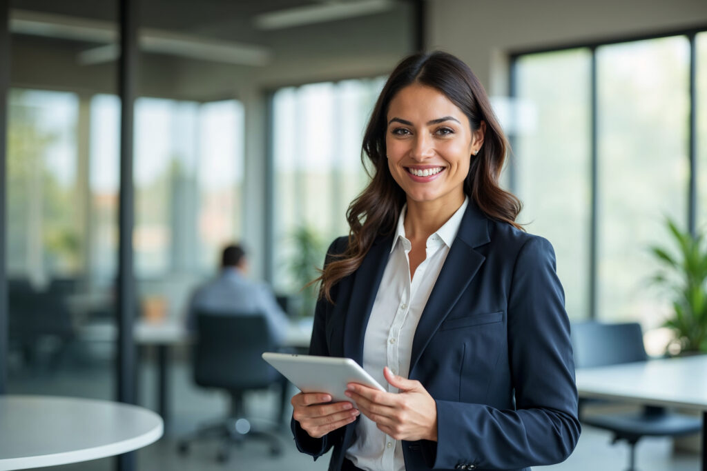 portrait of young hispanic professional business woman standing in office. happy female company executive, smiling businesswoman entrepreneur corporate leader manager looking at camera using tablet